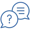 Blaues Icon mit einer Sprechblase mit Fragezeichen und einer Antwort-Sprechblase – Symbol für ein Interview oder eine Beratung.