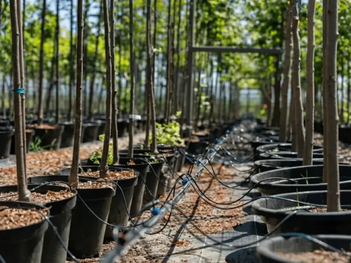Reihenpflanzung in einer Baumschule mit Tropfbewässerungsleitungen
