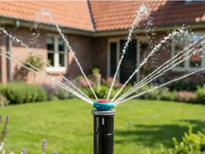 Versenkbarer Regner bewässert weitläufiges Staudenbeet